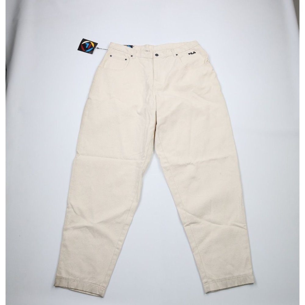 NOS Vintage 90s FILA Mens 38x34 Spell Out Hip Hop Baggy Fit Denim Jeans Cream